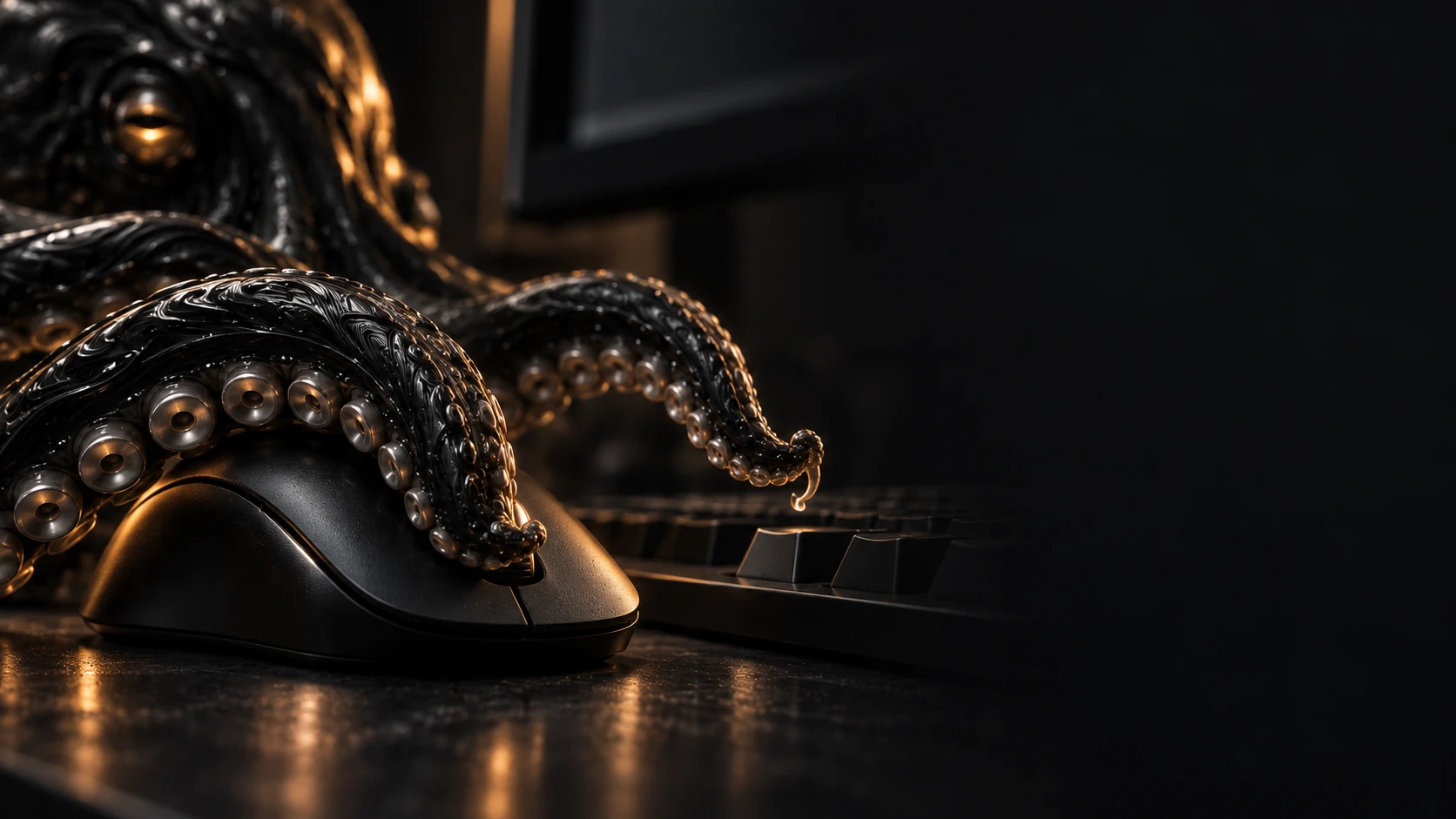 Close-up of an octopus tentacle resting on a mouse, pausing before a click