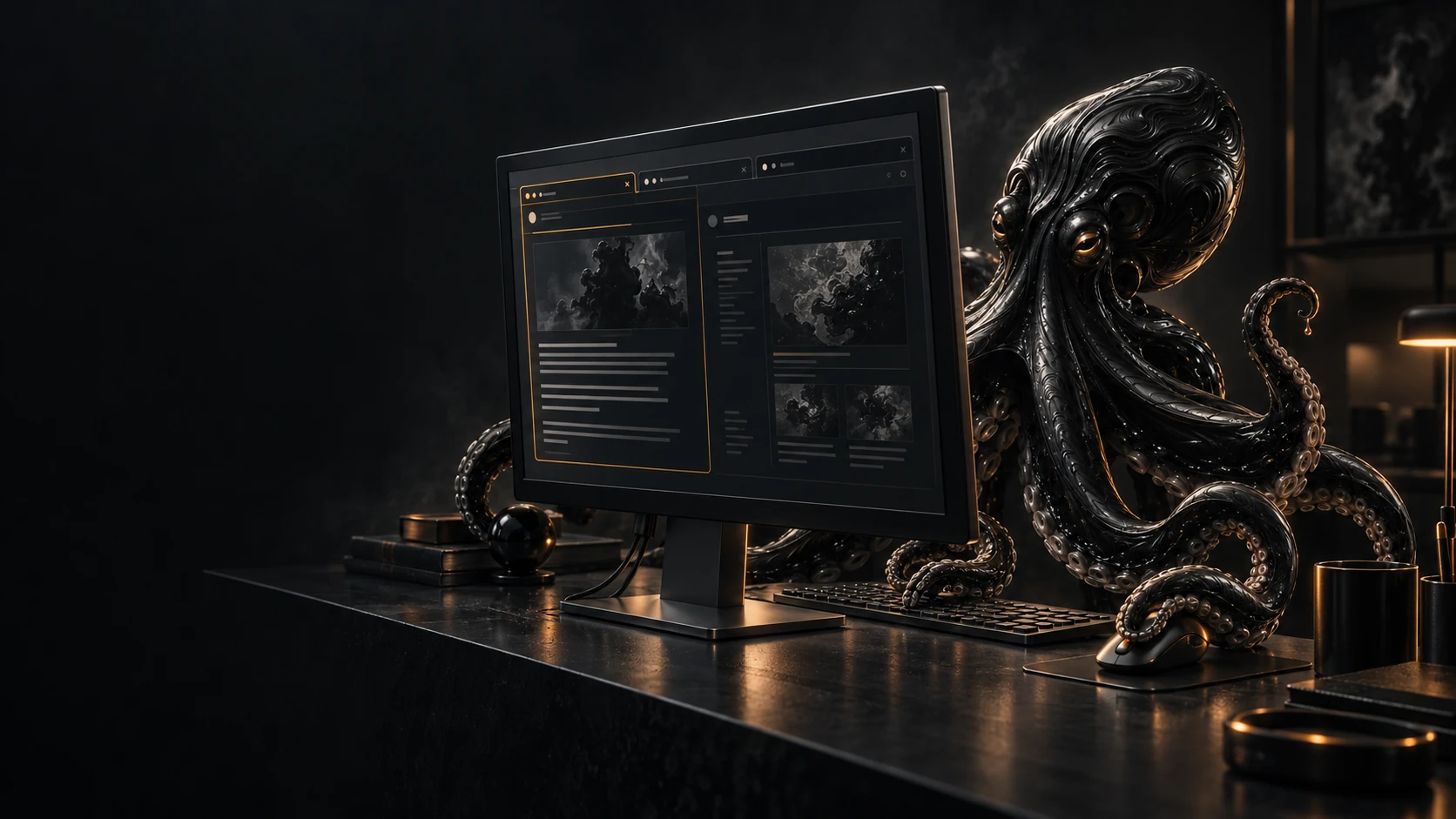An ink octopus at its computer